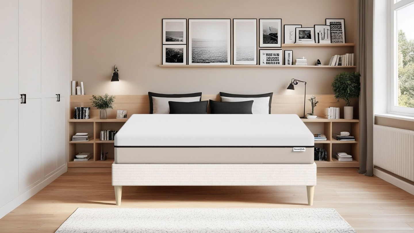 Ensemble lit adulte 140x190 cm en velours côtelé beige + Matelas Hybride à ressorts ensachés et mémoire de forme - Spring Elite