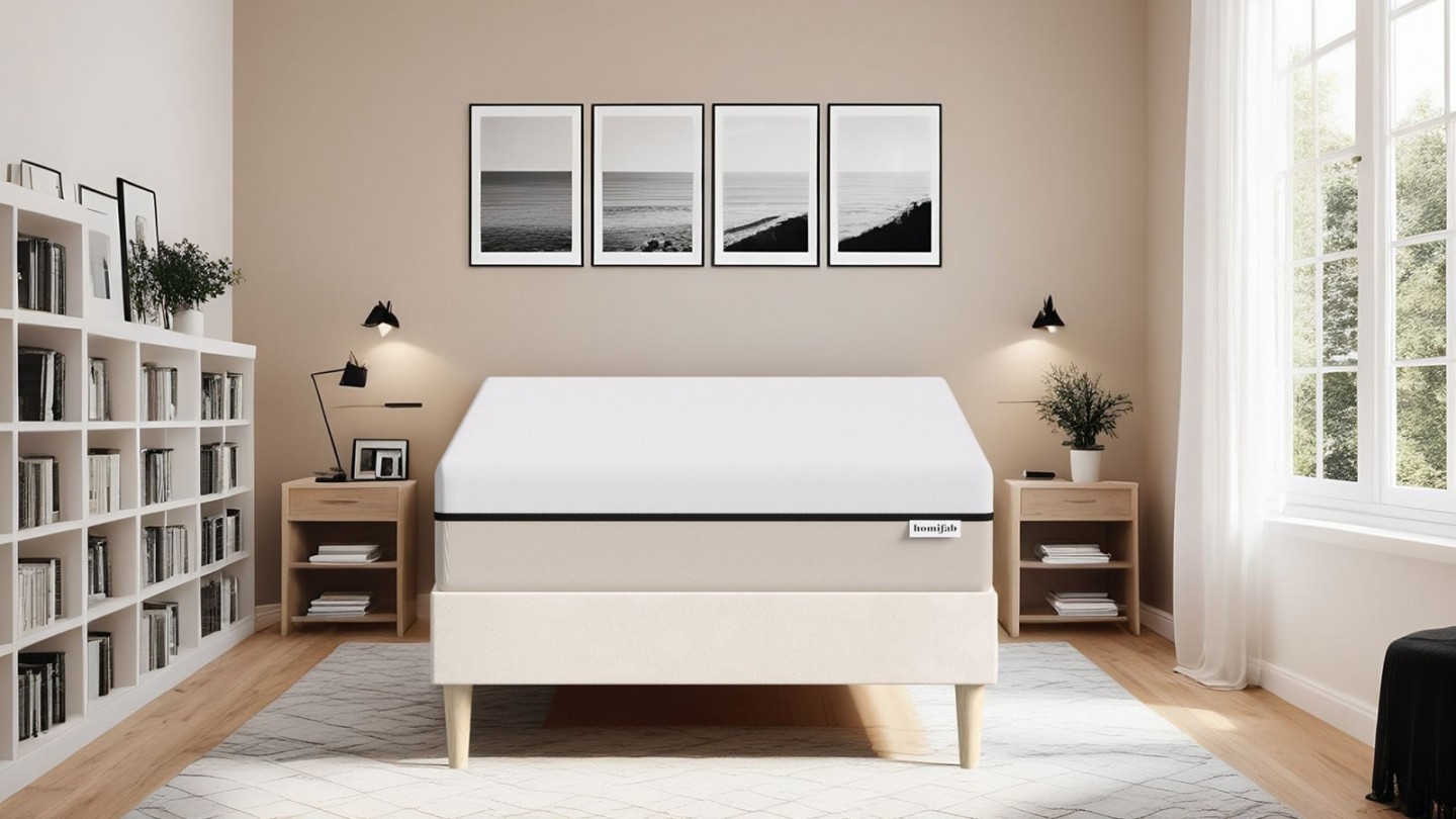 Ensemble lit adulte 90x190 cm en velours beige + Matelas Hybride à ressorts ensachés et mémoire de forme - Spring Elite