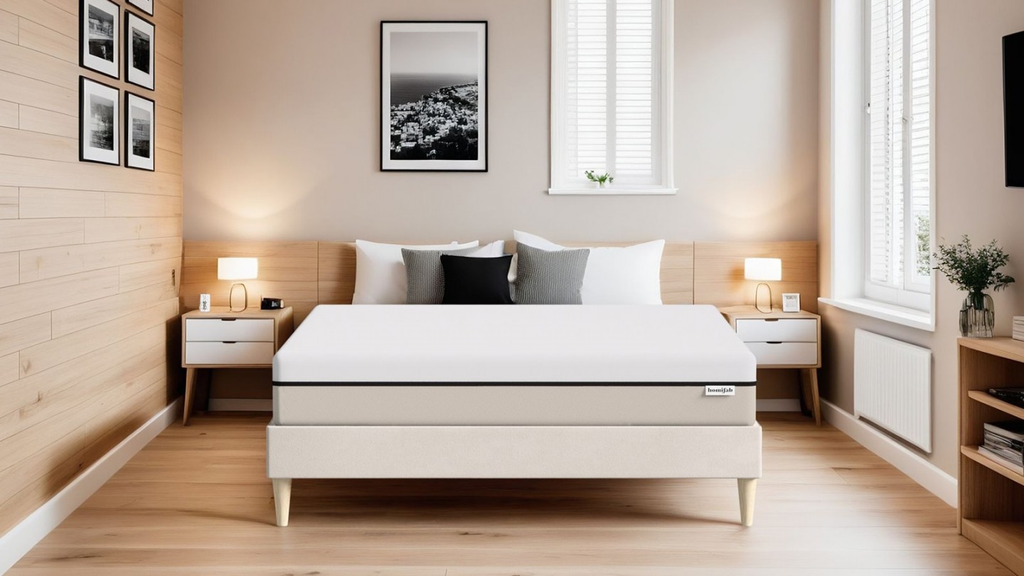 Ensemble lit adulte 180x200 cm en velours beige + Matelas Hybride à ressorts ensachés et mémoire de forme - Spring Elite