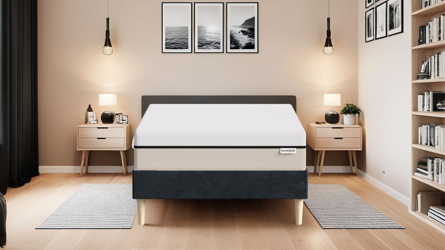 Ensemble lit adulte 90x190 cm en velours bleu nuit + Matelas Hybride à ressorts ensachés et mémoire de forme - Spring Elite