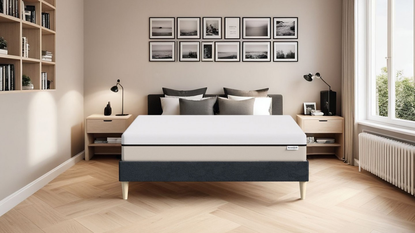 Ensemble lit adulte 140x190 cm en velours bleu nuit + Matelas Hybride à ressorts ensachés et mémoire de forme - Spring Elite