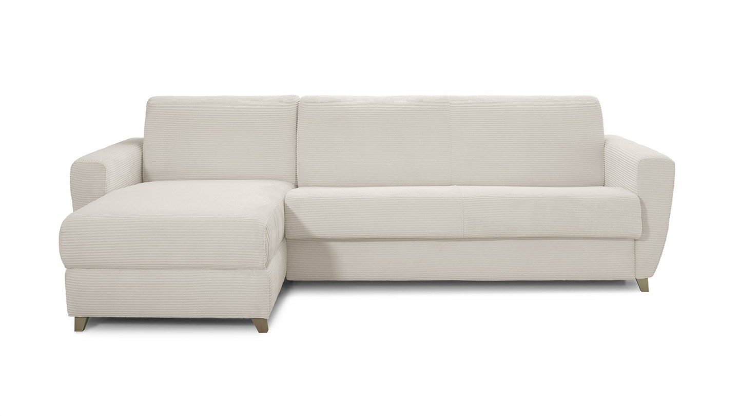 Canapé d'angle convertible réversible 5 places en velours côtelé beige - ouverture express - Leandro