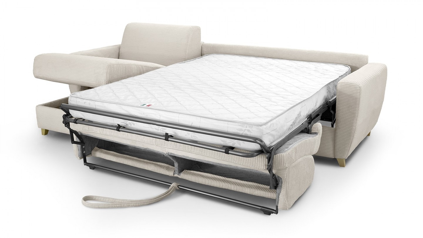 Canapé d'angle convertible réversible 5 places en velours côtelé beige - ouverture express - Leandro