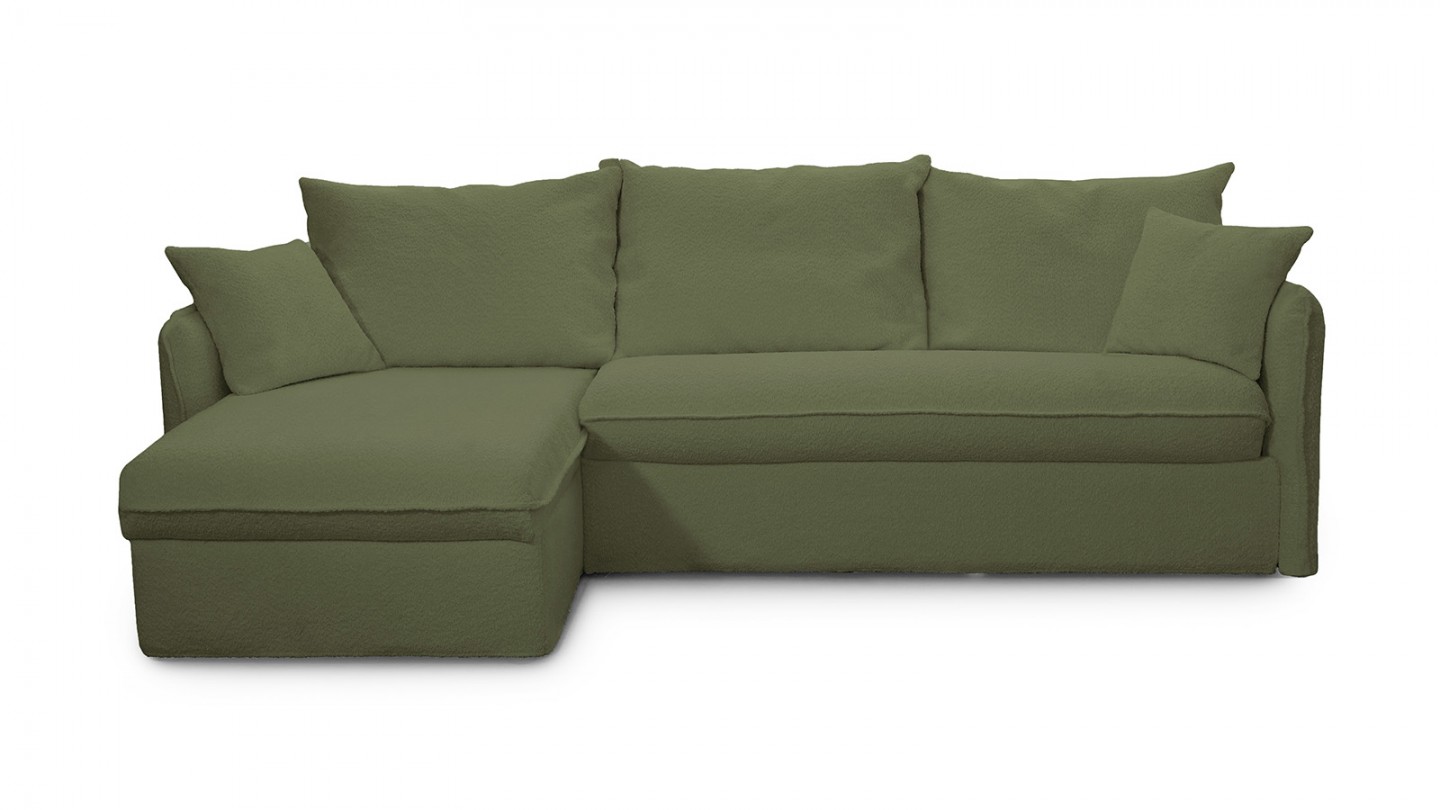 Canapé d'angle convertible réversible 5 places en tissu bouclette vert kaki - ouverture express - Gina