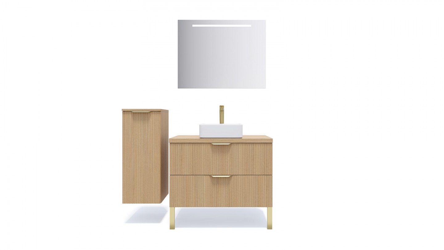 Meuble de salle de bain suspendu vasque à poser 90cm 2 tiroirs Chêne cannelé + miroir + colonne ouverture gauche - Venice