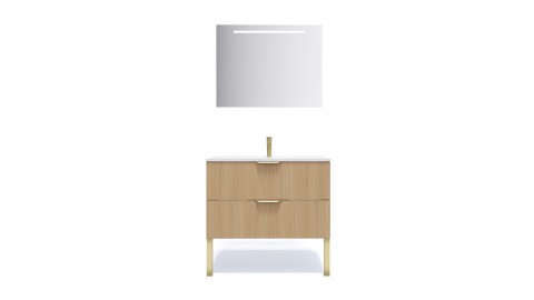 Meuble de salle de bain suspendu vasque intégrée 90cm 2 tiroirs Chêne cannelé + miroir - Venice