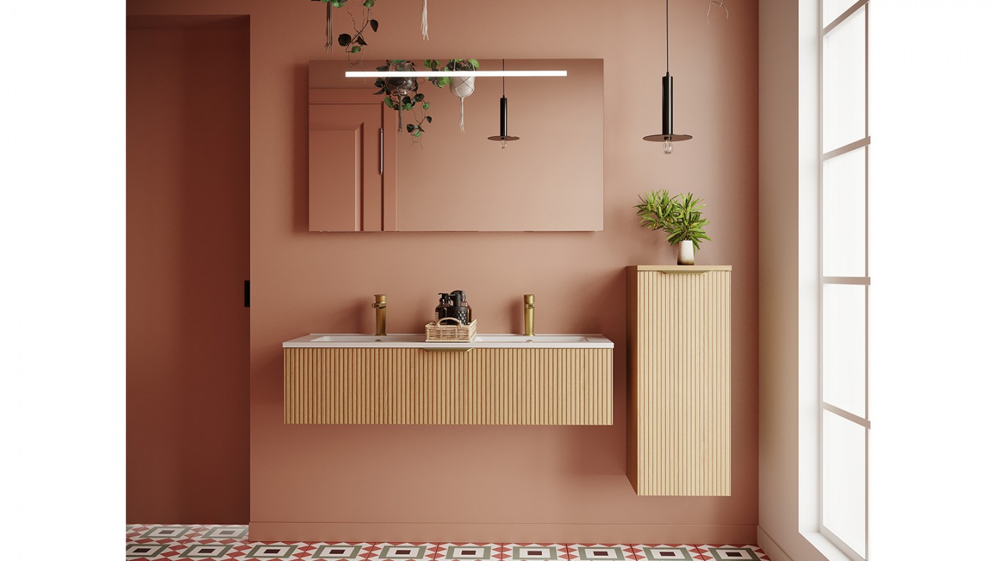 Meuble de salle de bain suspendu double vasque intégrée 120cm 1 tiroir Chêne cannelé + miroir +colonne ouverture droite - Venice