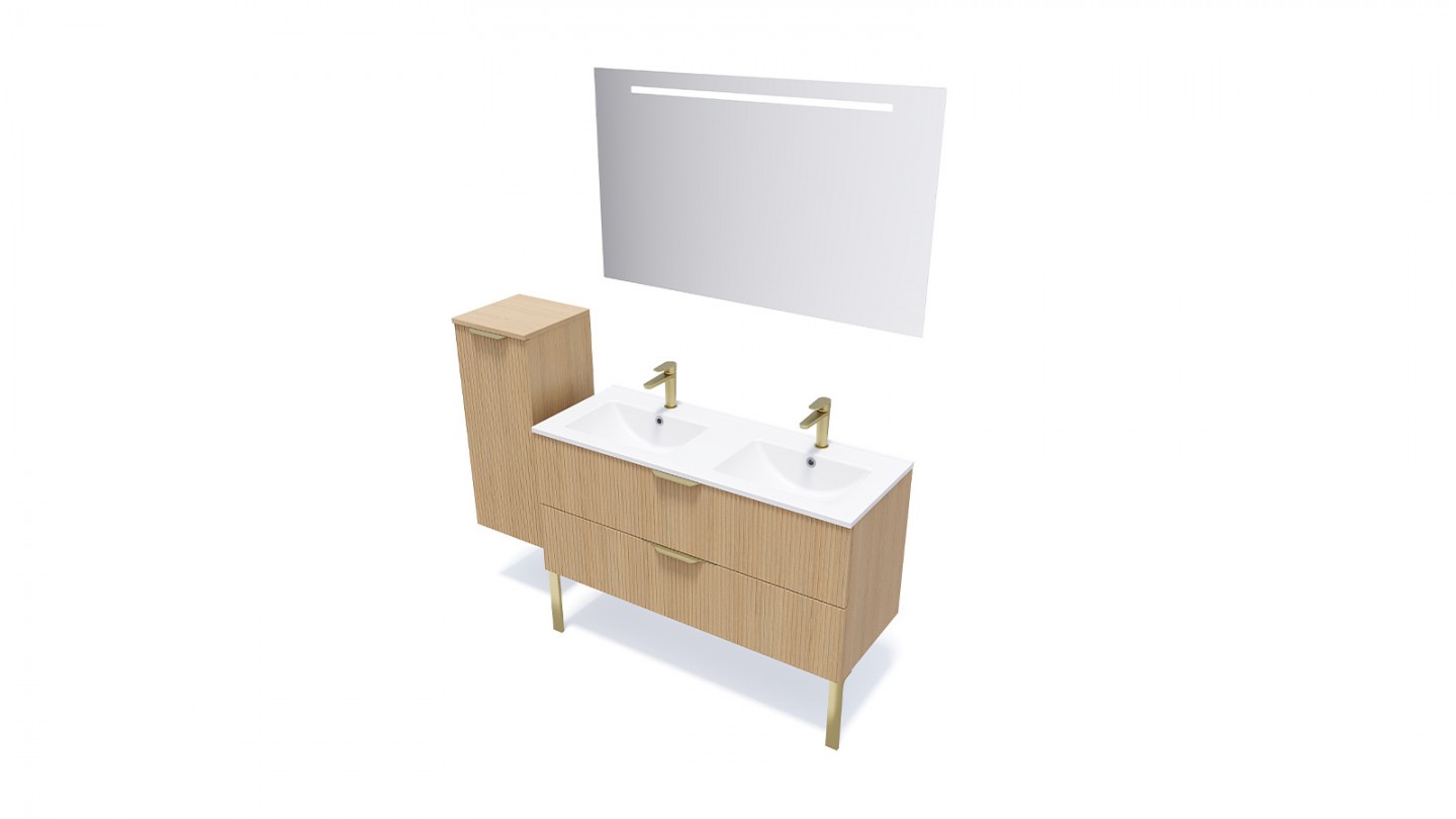 Meuble de salle de bain suspendu double vasque intégrée 120cm 2 tiroirs Chêne cannelé + miroir - Venice