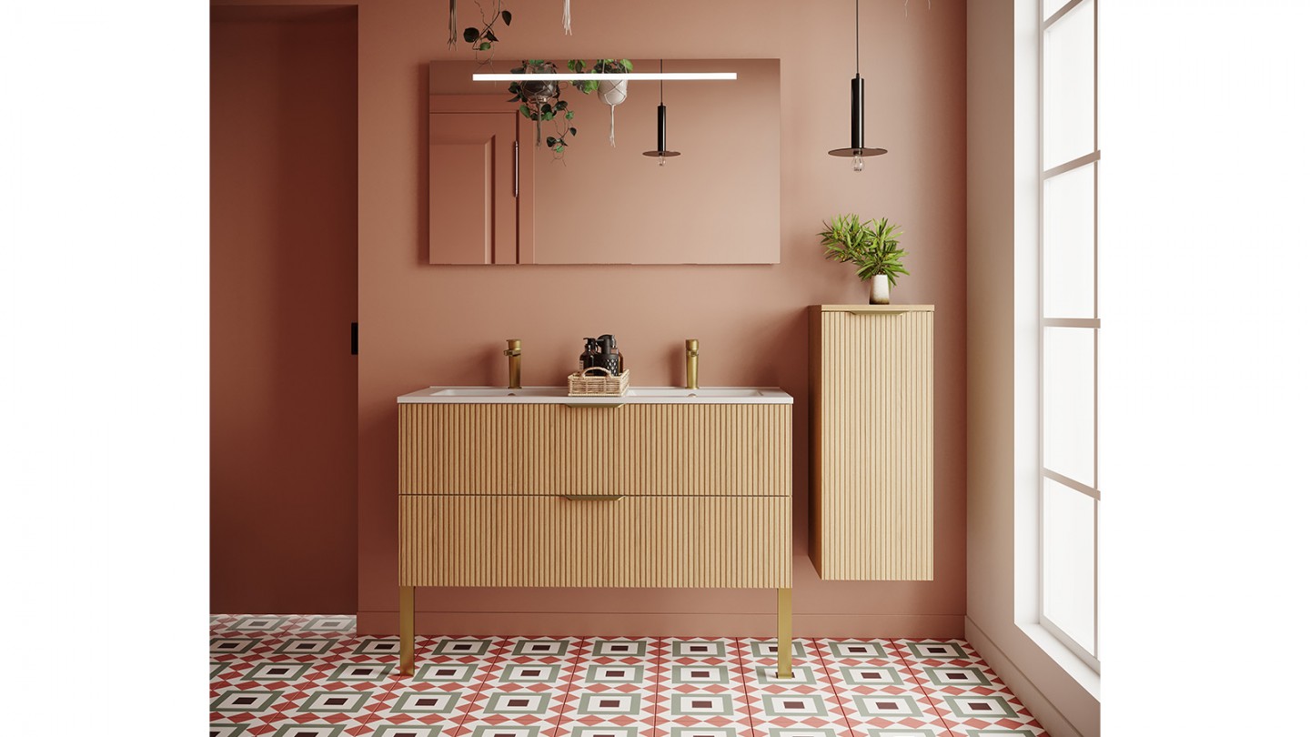 Meuble de salle de bain suspendu double vasque intégrée 120cm 2 tiroirs Chêne cannelé +miroir +colonne ouverture droite - Venice