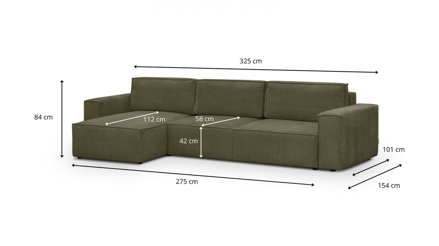 Canapé d'angle modulable 5 places en velours côtelé vert kaki - Harper Mod