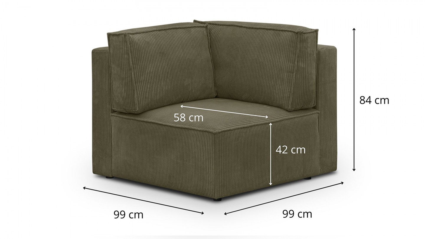 Canapé d'angle à droite modulable 8 places en velours côtelé vert kaki - Harper Mod