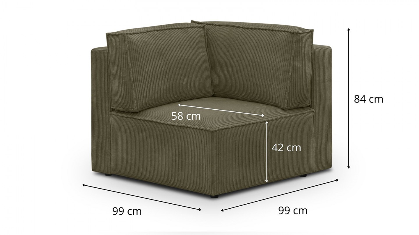 Canapé d'angle à droite modulable 8 places avec pouf en velours côtelé vert kaki - Harper Mod