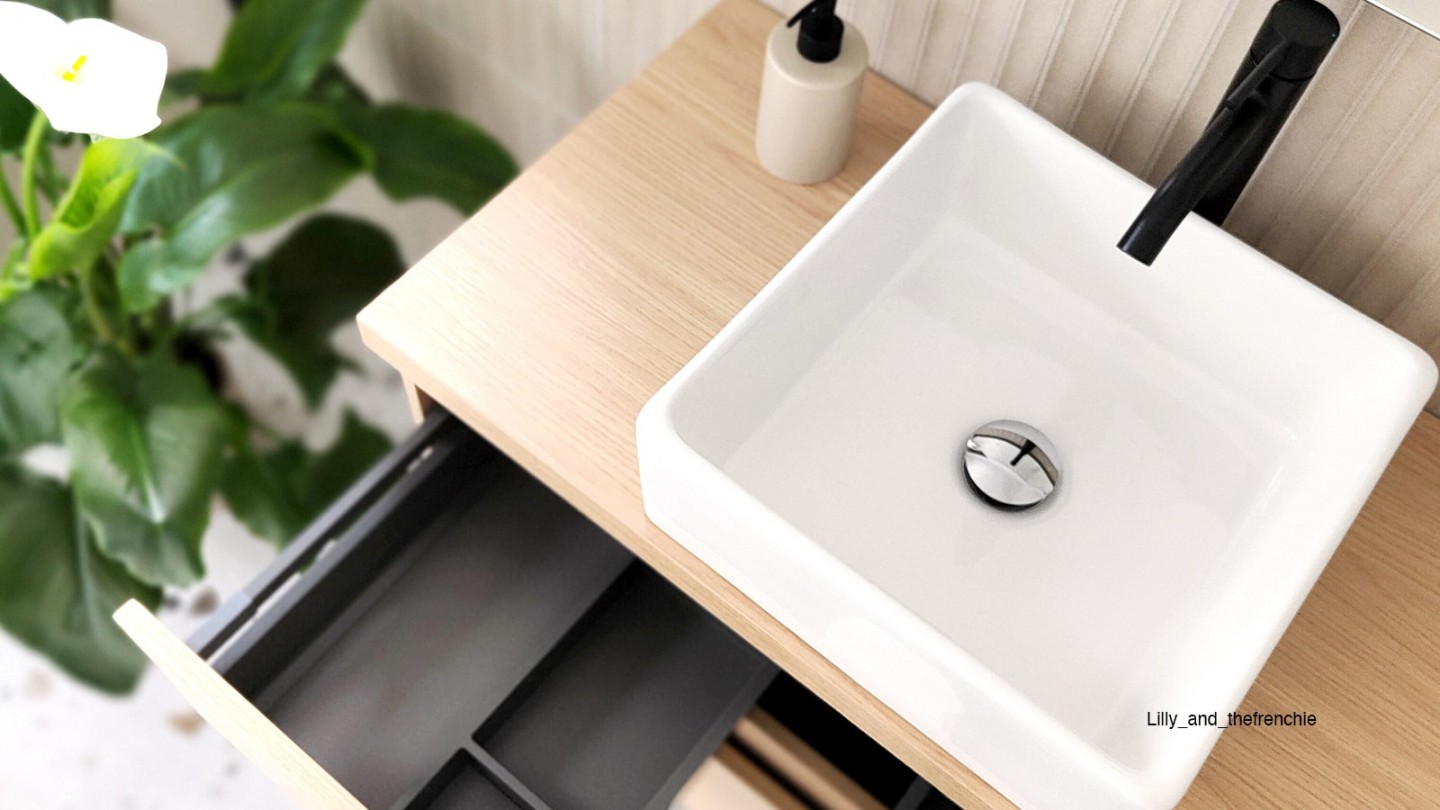 Meuble de salle de bain suspendu vasque à poser 90cm 2 tiroirs Chêne clair - Rivage