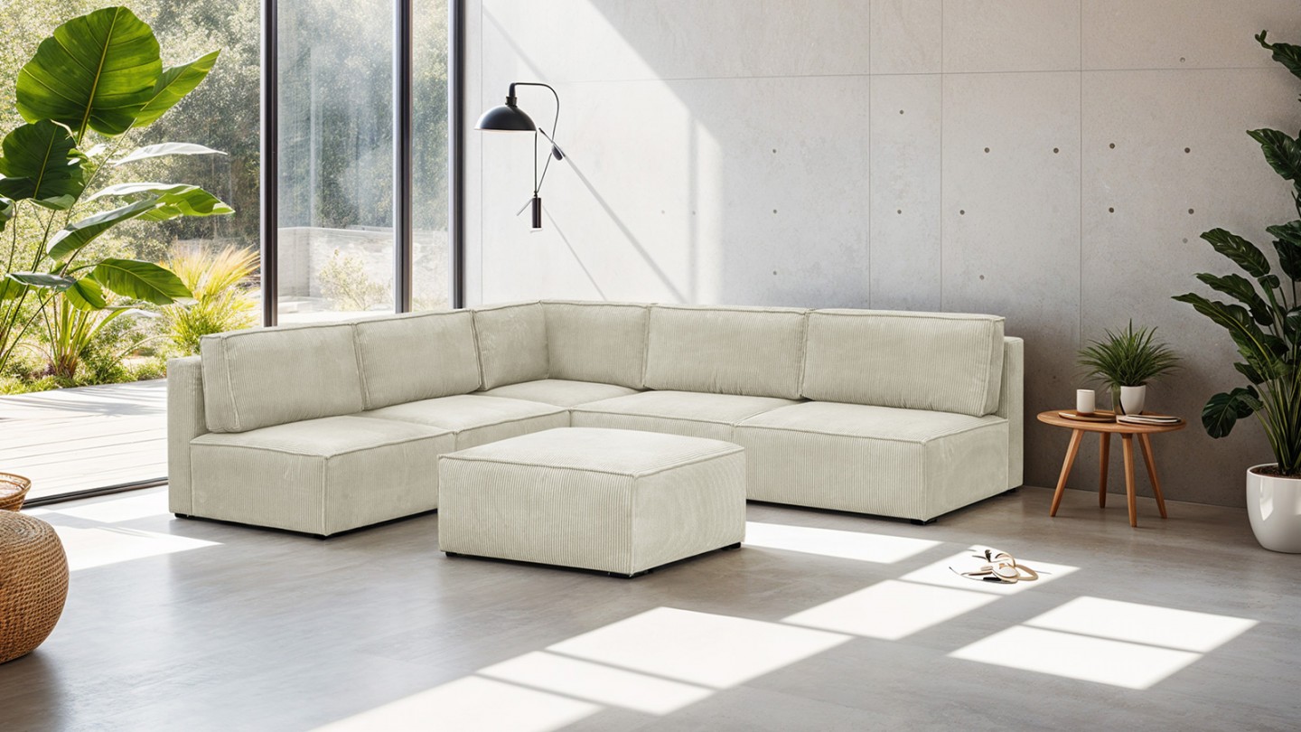 Canapé d'angle à gauche modulable 8 places avec pouf en velours côtelé beige - Harper Mod