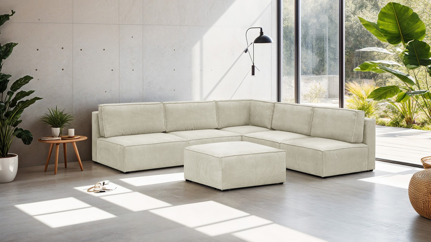 Canapé d'angle à droite modulable 8 places avec pouf en velours côtelé beige - Harper Mod