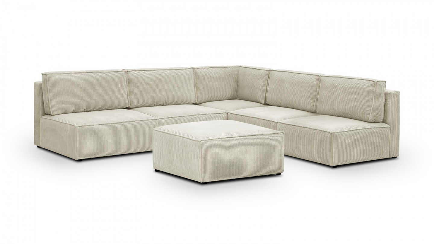 Canapé d'angle à droite modulable 8 places avec pouf en velours côtelé beige - Harper Mod
