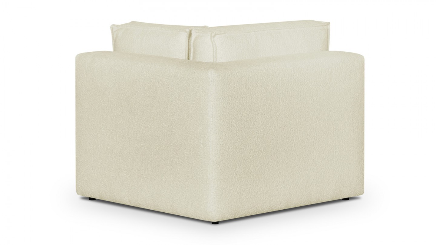 Canapé d'angle à droite panoramique convertible modulable 8 places avec pouf en tissu bouclé écru - Harper Mod