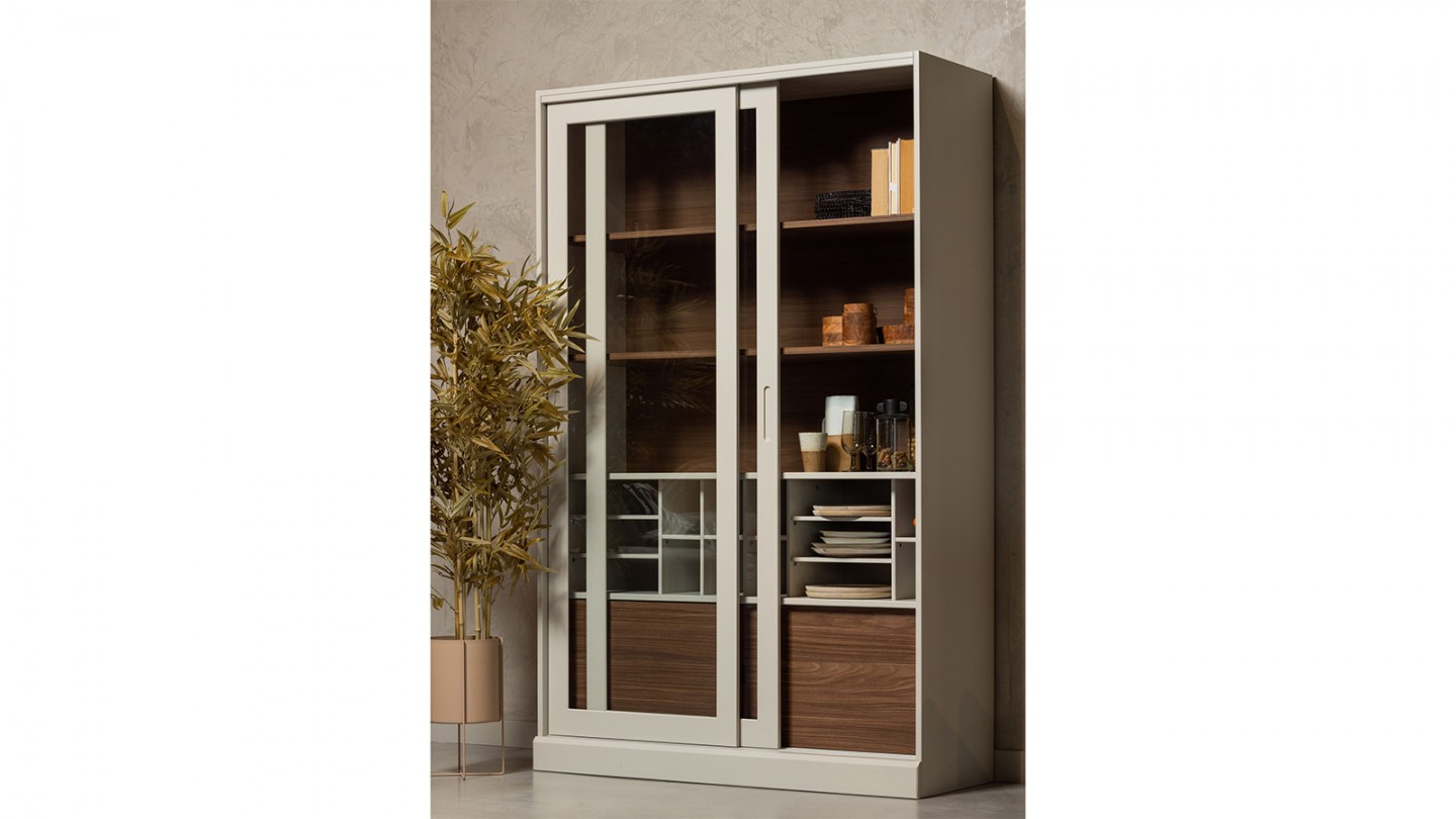 Vaisselier 2 portes coulissantes en bois effet noyer et gris clair 125 cm - James