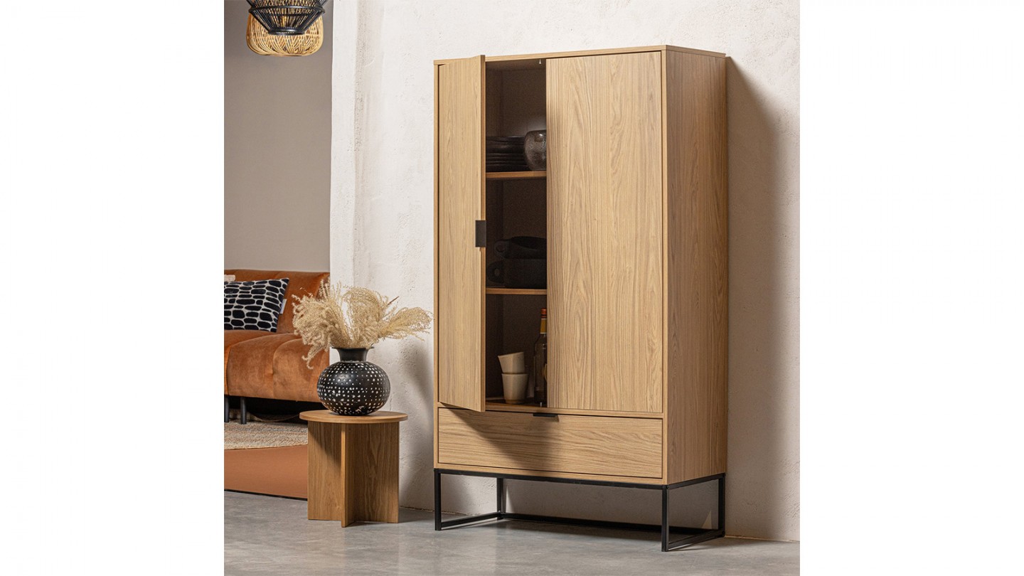 Buffet haut 2 portes 1 tiroir effet chêne 85 cm - Silas