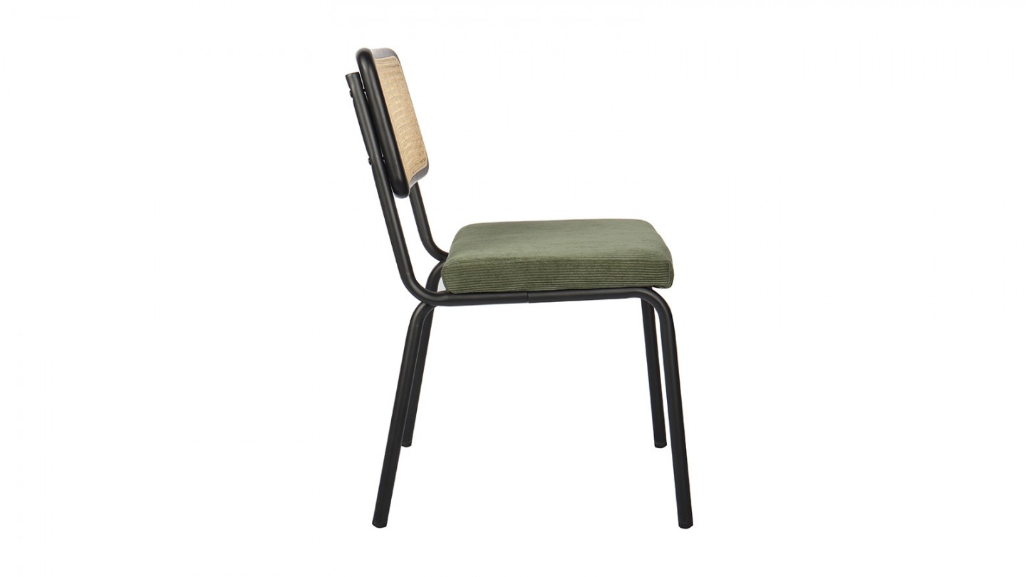 Lot de 2 chaises en cannage velours côtelé vert et métal noir - Paula