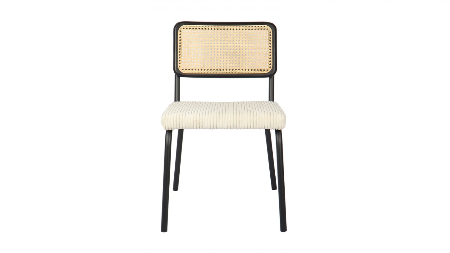 Lot de 2 chaises en cannage velours côtelé beige et métal noir - Paula