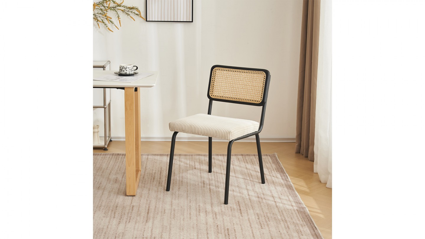 Lot de 2 chaises en cannage velours côtelé beige et métal noir - Paula