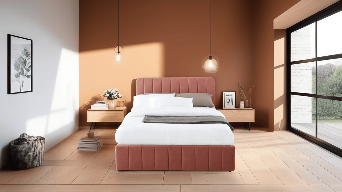 Lit coffre 180x200cm en velours rose blush avec tête de lit + sommier à lattes - Collection Ava - ELLE DECO