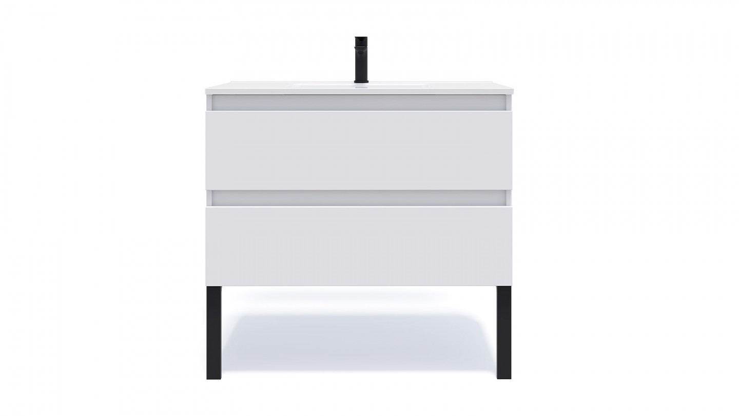 Meuble de salle de bain suspendu vasque intégrée 90cm 2 tiroirs Blanc - Rivage