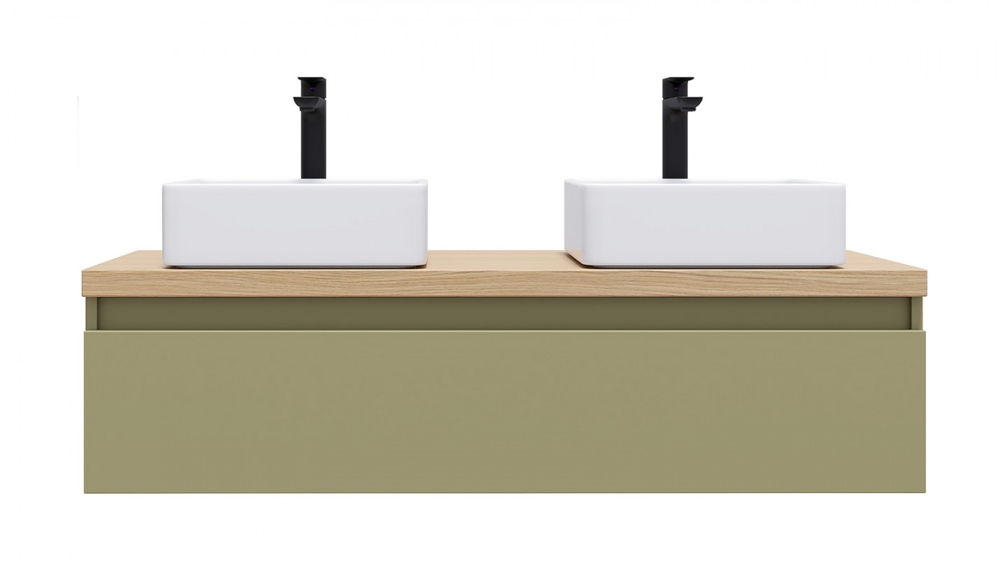 Meuble de salle de bain suspendu 2 vasques à poser 120cm 1 tiroir Vert olive - Rivage