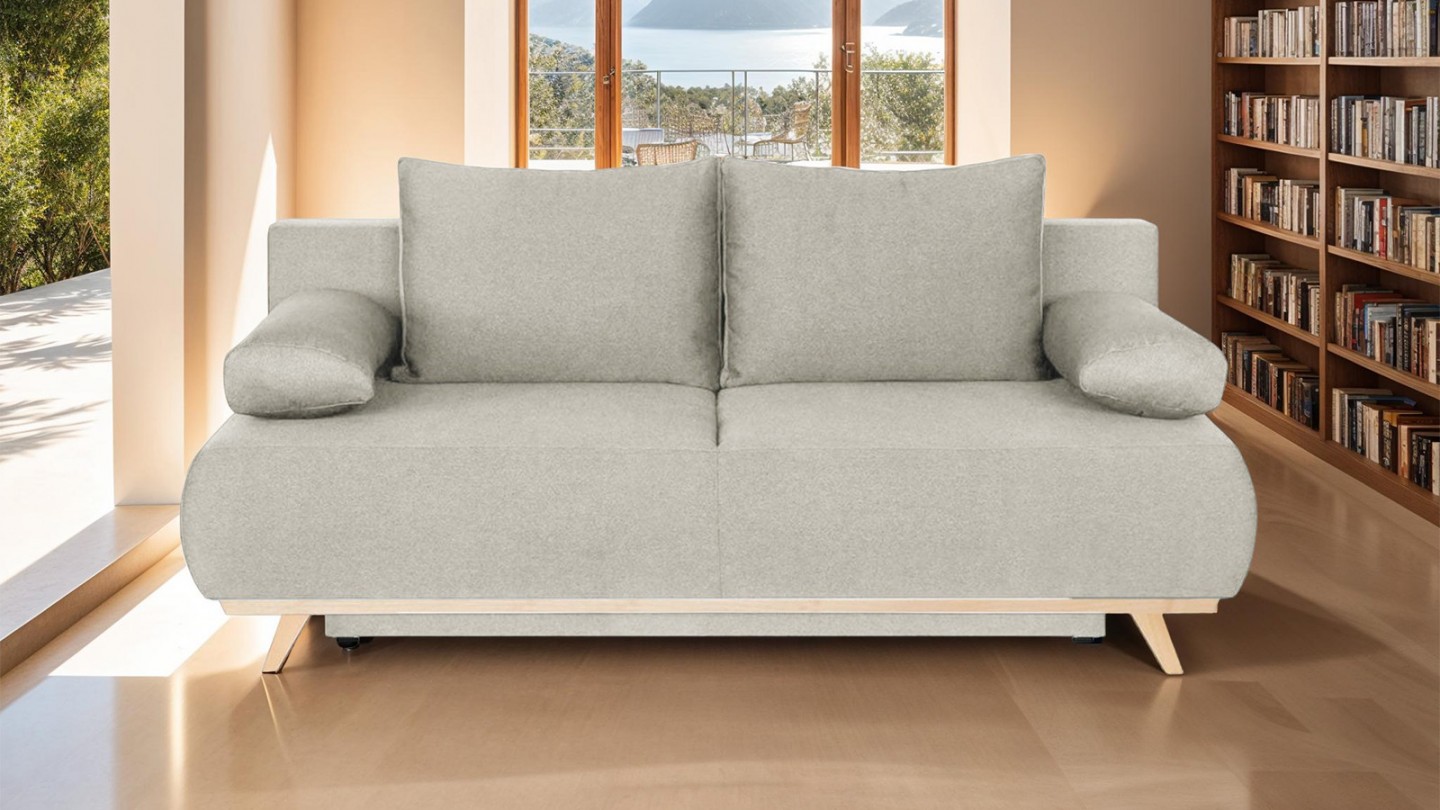 Canapé convertible 3 places avec coffre de rangement en tissu beige - Laria New