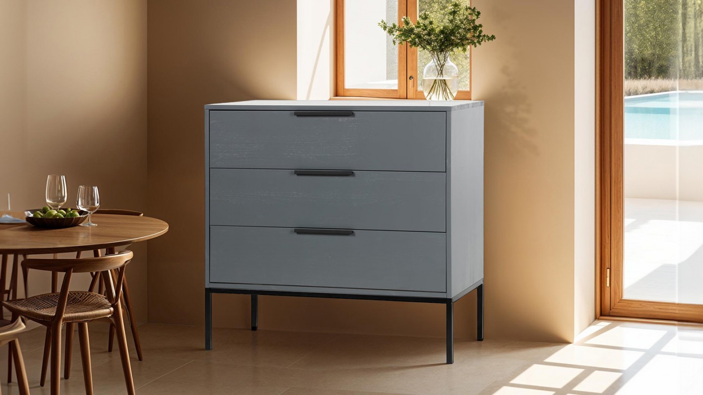 Commode 3 tiroirs en pin gris piètement en métal - Collection Adam - Woood