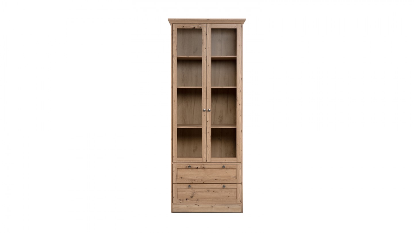 Vaisselier 2 portes vitrées 2 tiroirs effet chêne 80 cm - Saga