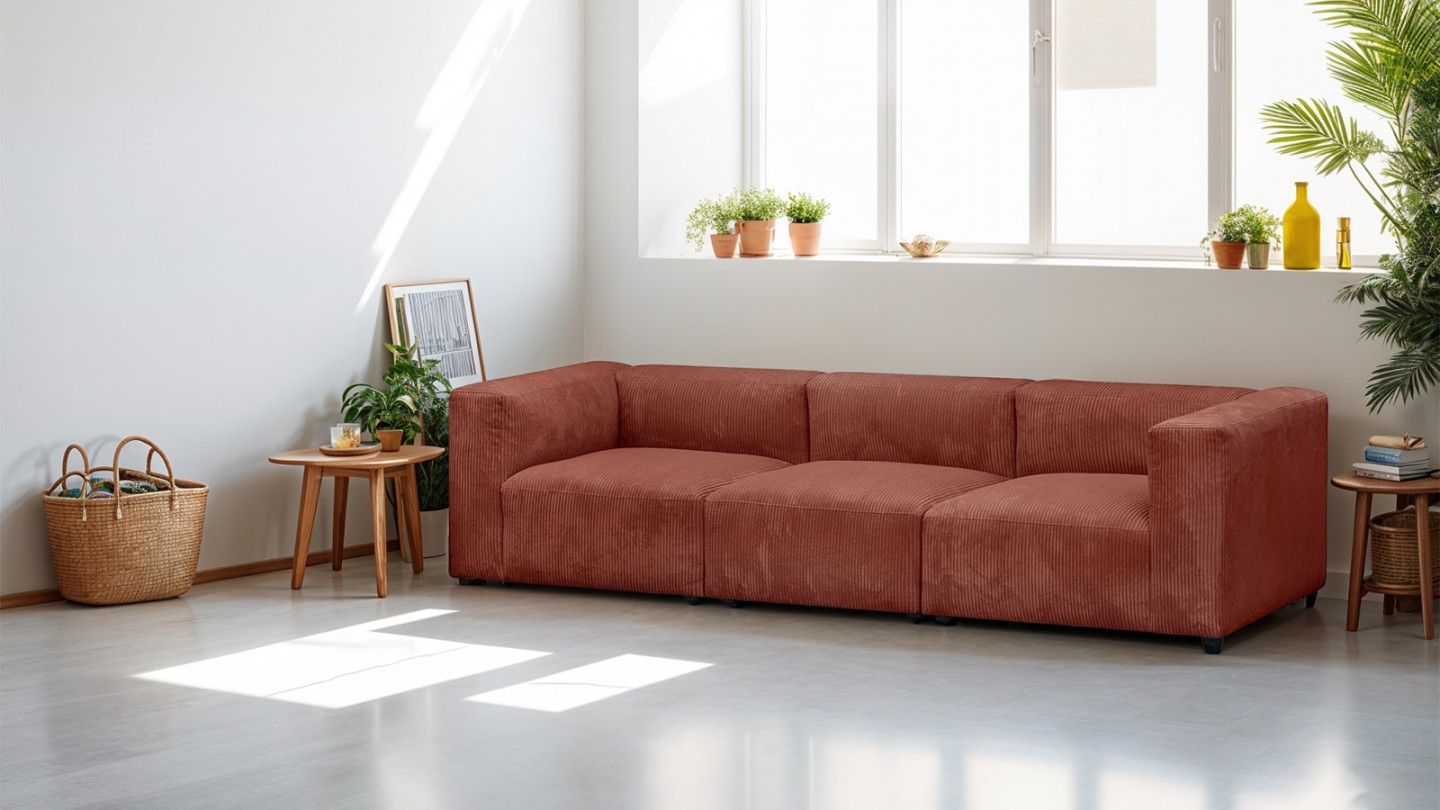 Canapé modulable 4 places en velours côtélé rouille - Modulo New Canapé modulable 4 places en velours côtélé rouille - Modulo New