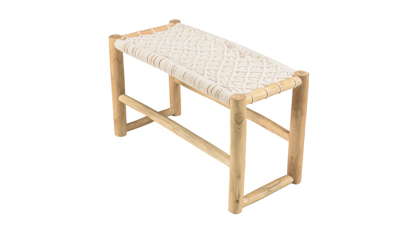 Banc en teck naturel assise en macramé blanc 80 cm - Will