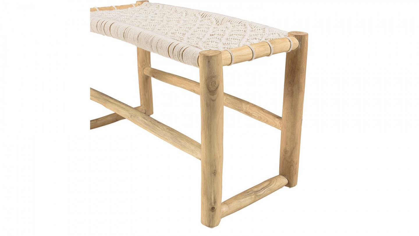 Banc en teck naturel assise en macramé blanc 80 cm - Will