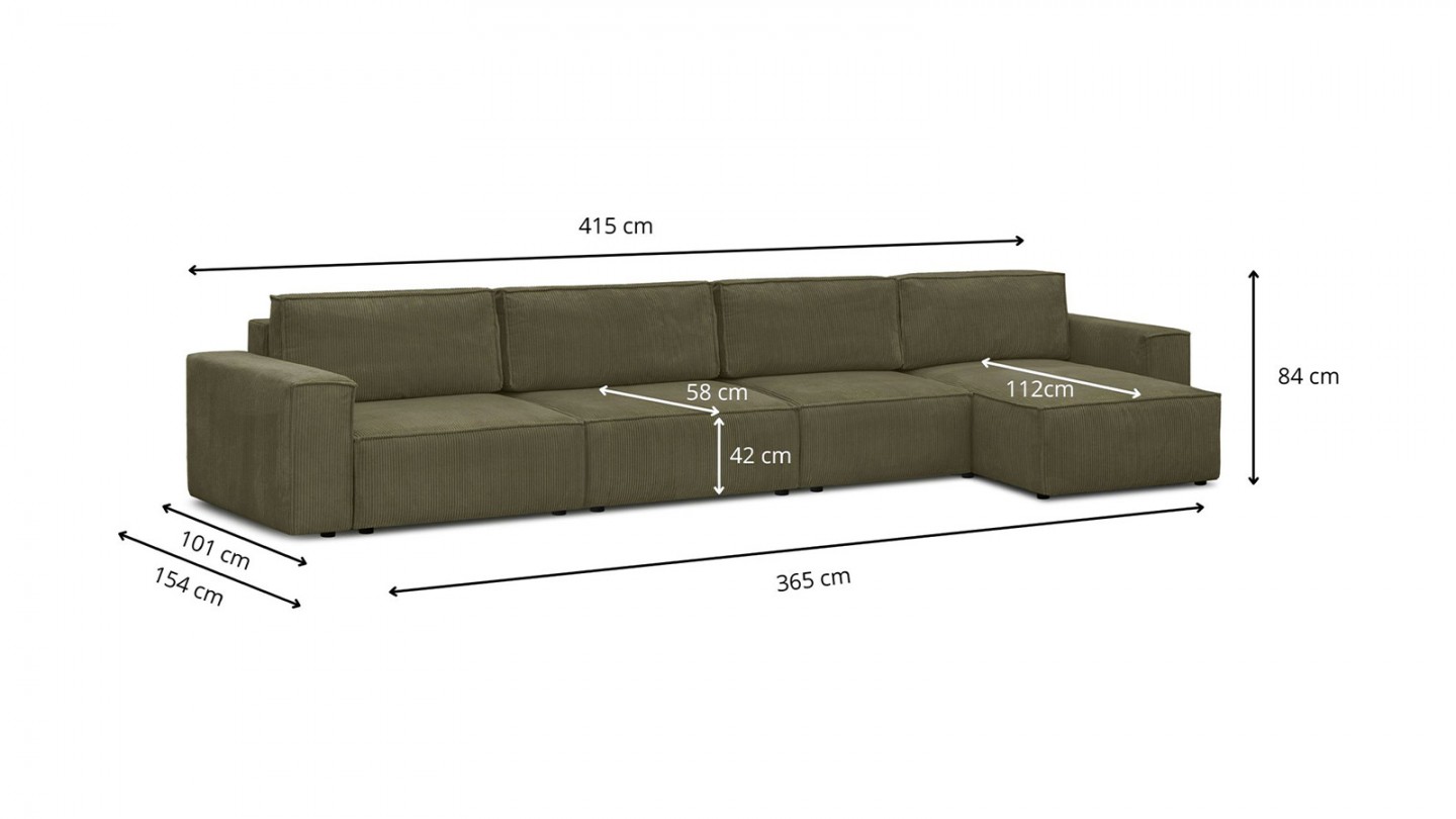 Canapé d'angle modulable 6/7 places en velours côtelé vert kaki - Harper Mod