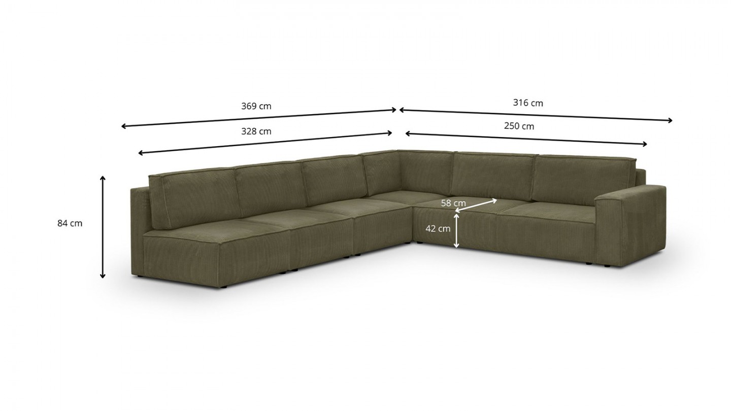 Canapé d'angle à droite modulable convertible 10 places en velours côtelé vert kaki - Harper Mod