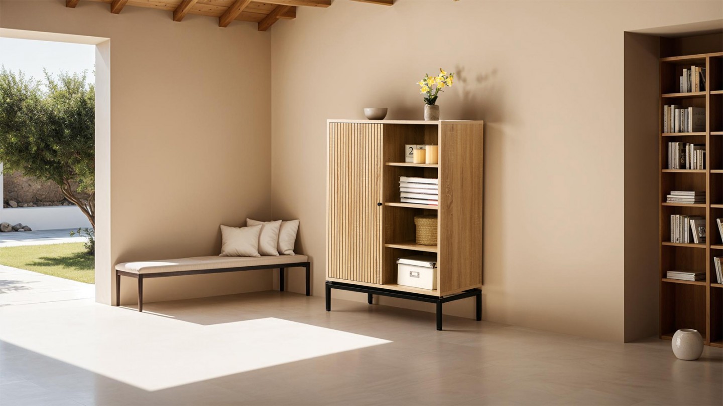 Bibliothèque 1 porte 4 niches effet bois 80 cm - Talia