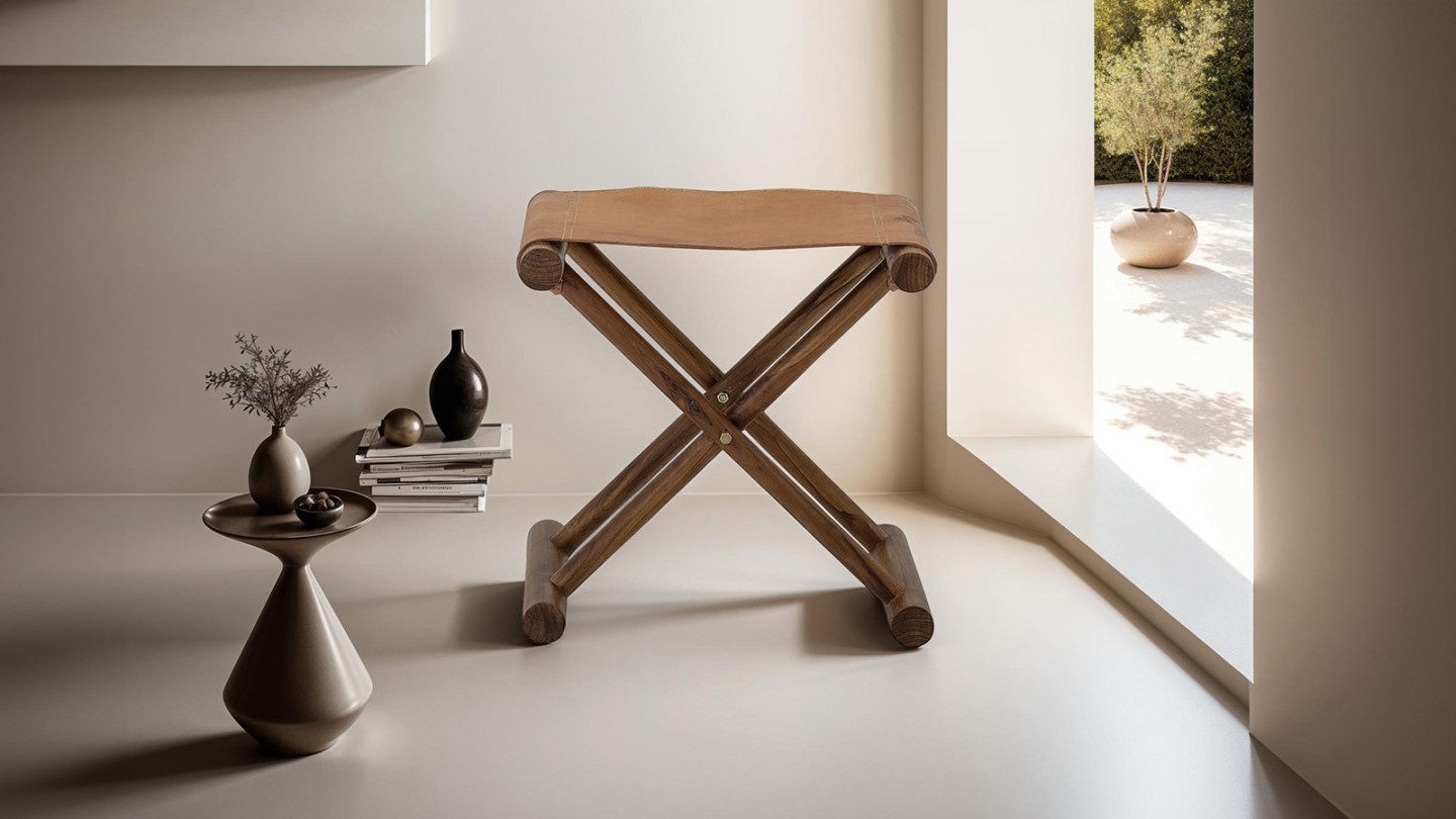 Tabouret croisé en bois et cuir marron - Collection Esma - Bloomingville