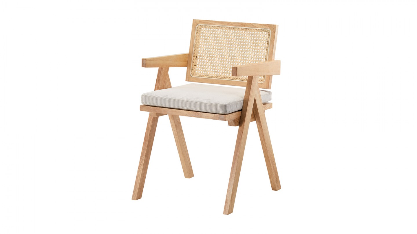 Chaise en bois massif, cannage naturel et velours côtelé beige - Lina