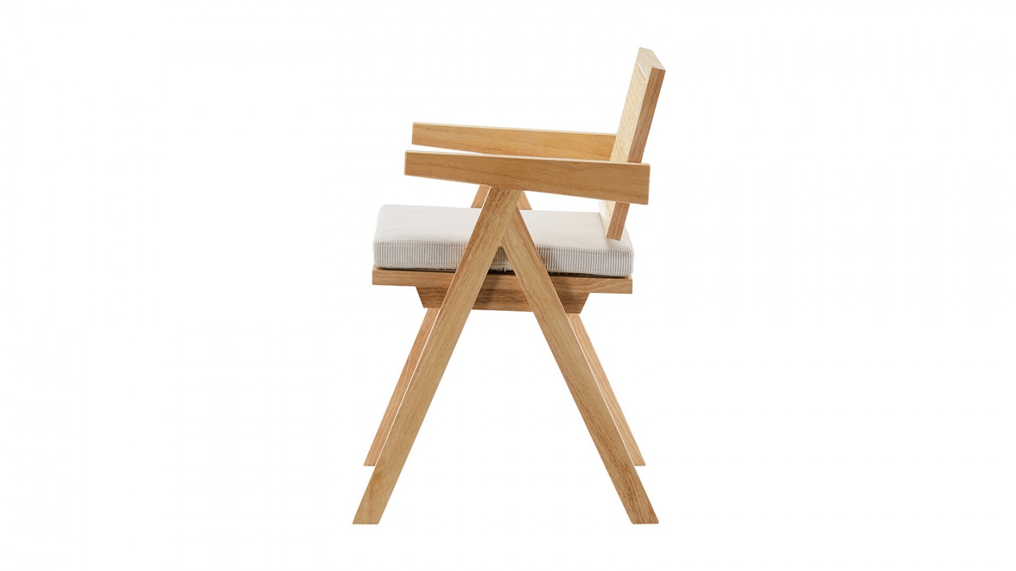 Chaise en bois massif, cannage naturel et velours côtelé beige - Lina