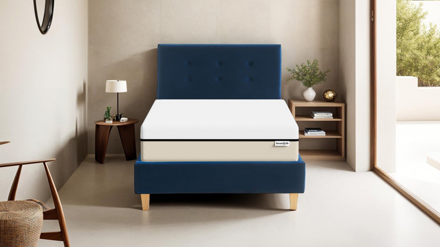 Ensemble lit 90x190 en velours bleu foncé Milo + Matelas Hybride à ressorts ensachés et mémoire de forme - Spring Elite