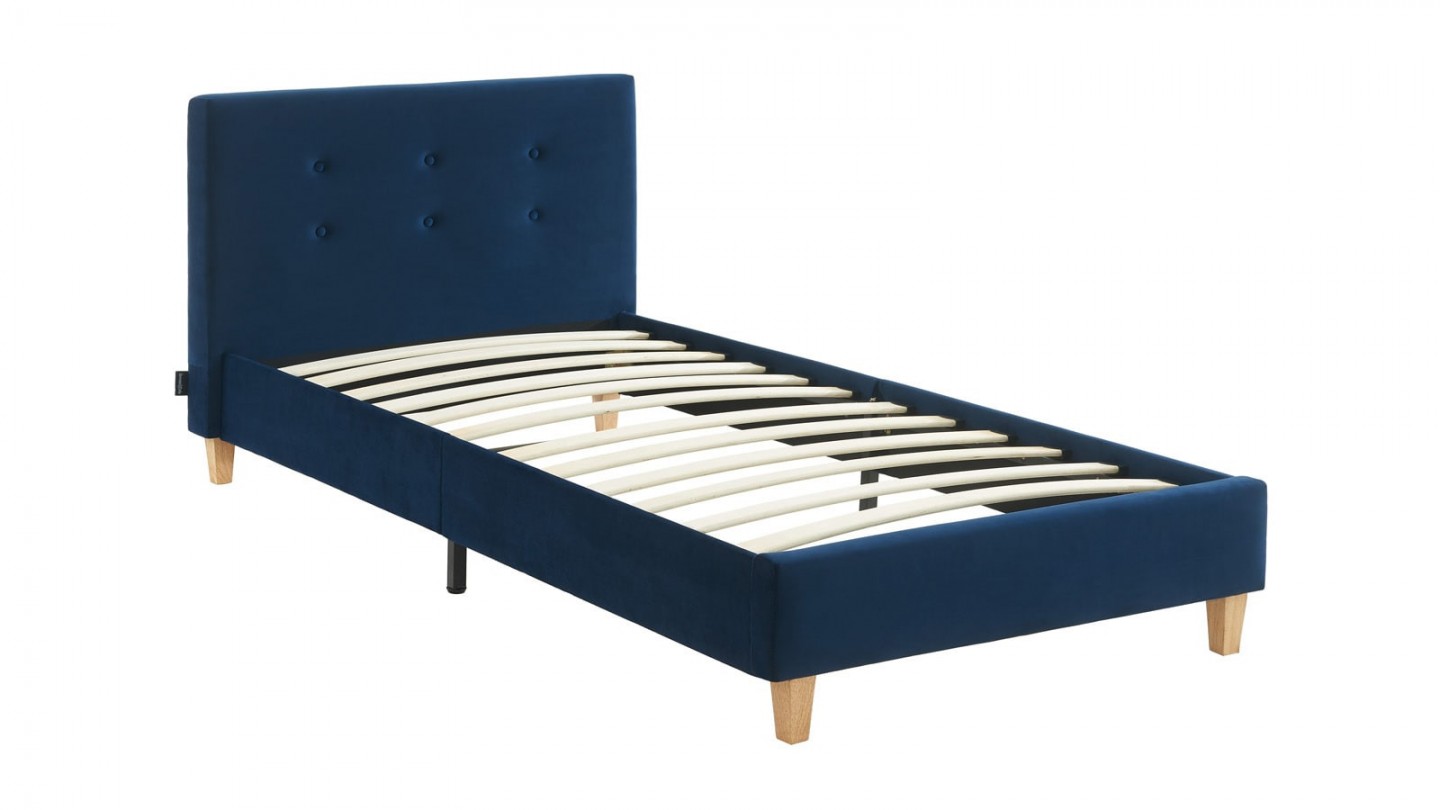 Ensemble lit 90x190 en velours bleu foncé Milo + Matelas Hybride à ressorts ensachés et mémoire de forme - Spring Elite