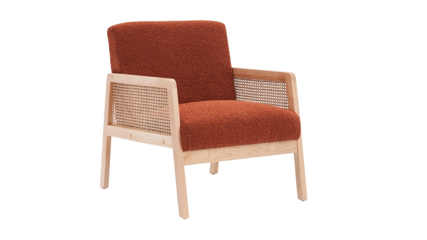 Fauteuil en cannage et tissu bouclé rouille - Mani