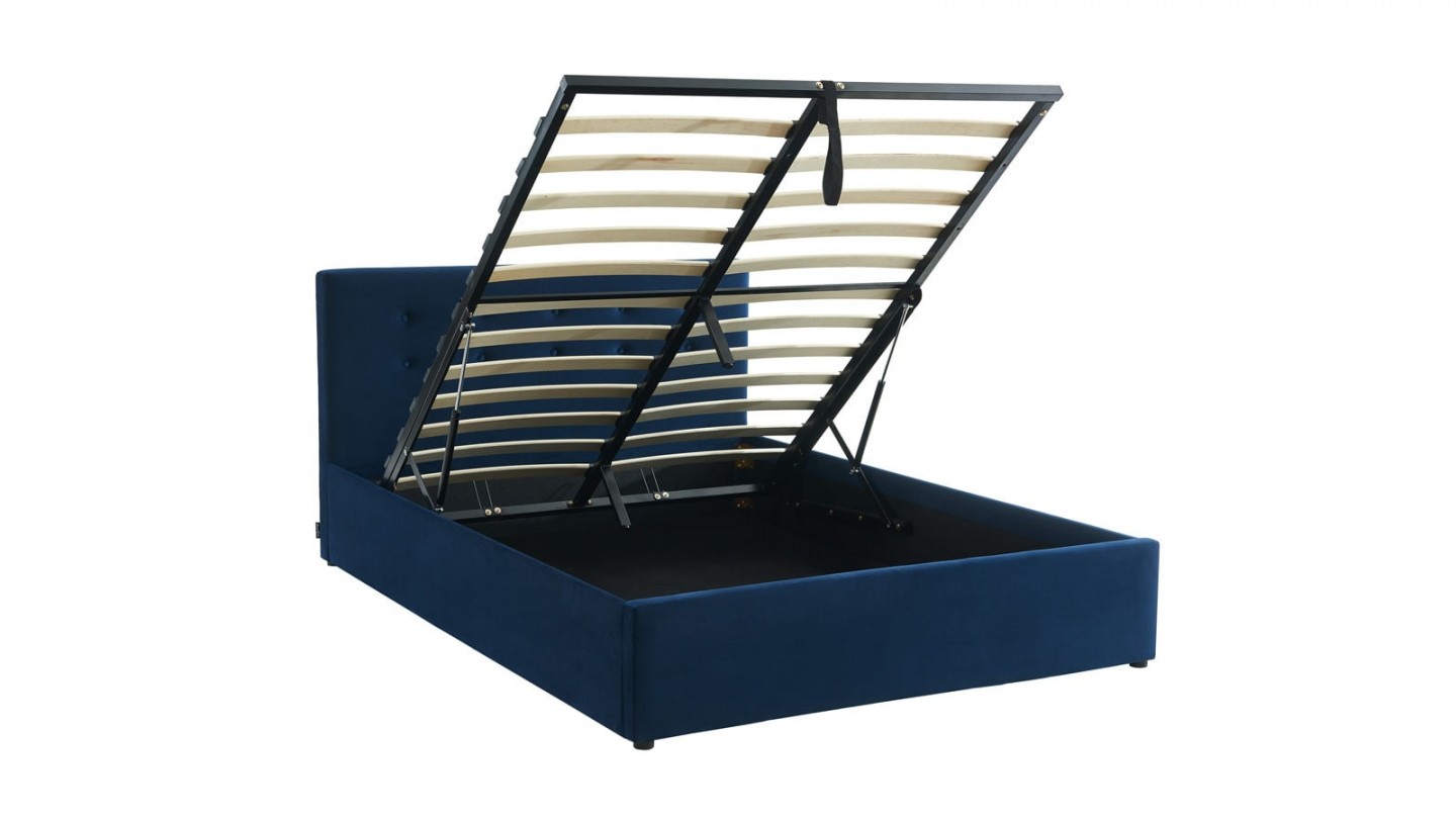 Ensemble lit coffre 140x190 en velours bleu foncé Tina + Matelas Hybride à ressorts ensachés et mémoire de forme - Spring Elite