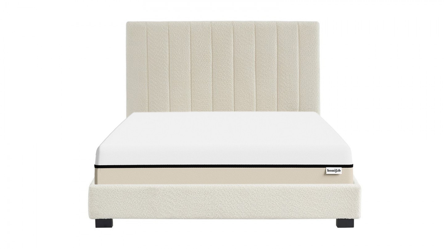 Ensemble lit 140x190 en tissu bouclé écru - William + Matelas Hybride à ressorts ensachés et mémoire de forme - Spring Elite