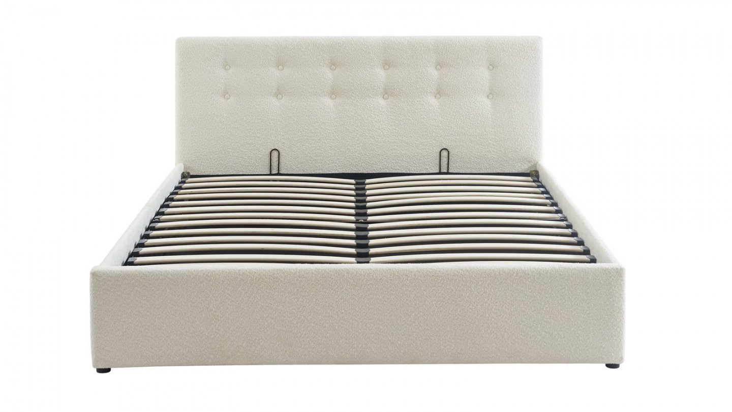 Ensemble lit coffre 140x190 en tissu bouclé écru Tina + Matelas Hybride à ressorts ensachés et mémoire de forme - Spring Elite