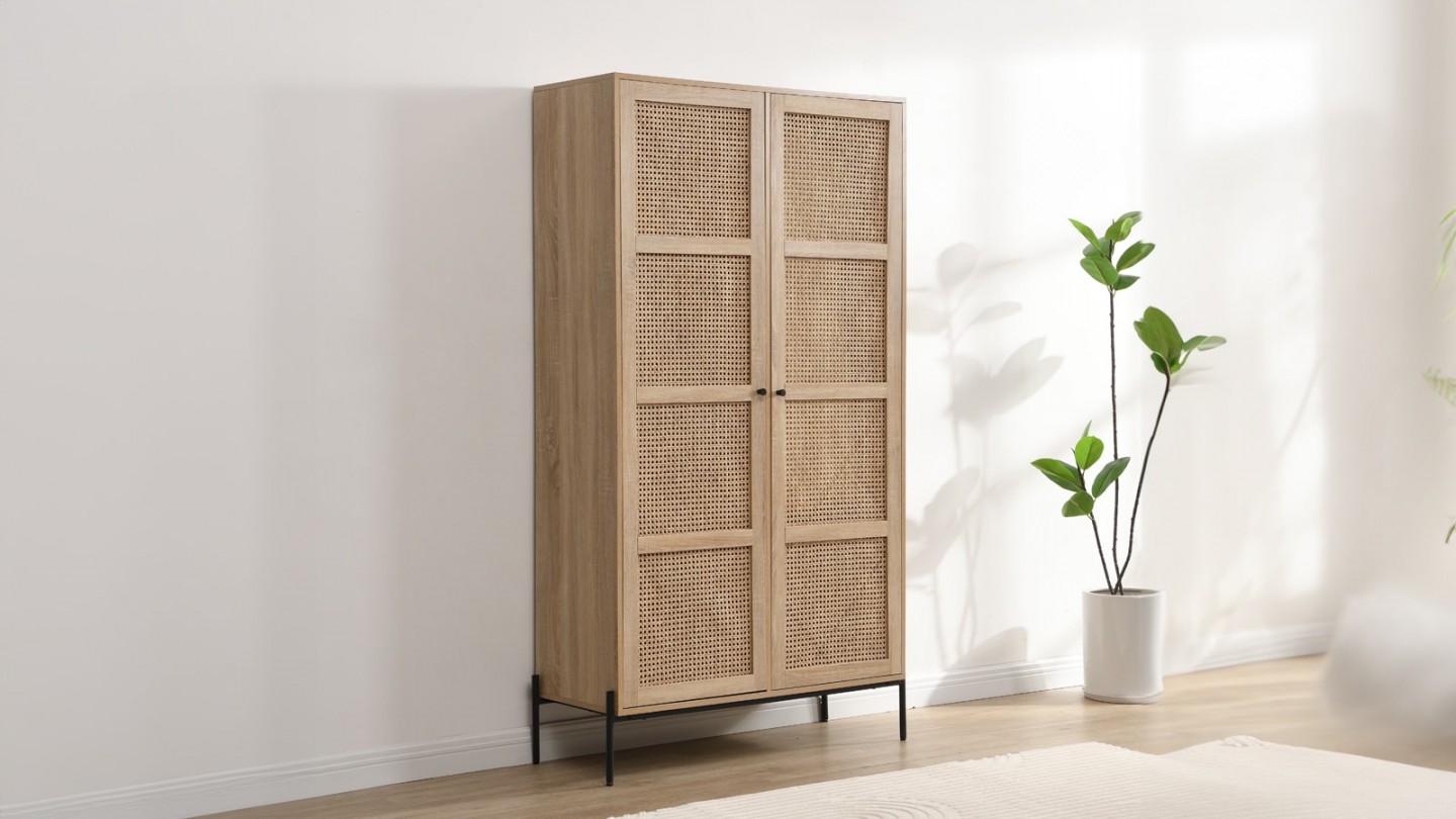 Armoire 2 portes en cannage et effet chêne 100 cm - Iris