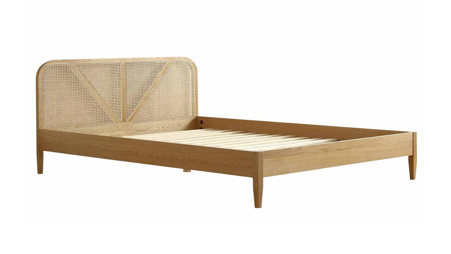 Ensemble lit 140x190 en bois et cannage Leonie + Matelas Hybride à ressorts ensachés et mémoire de forme - Spring Elite