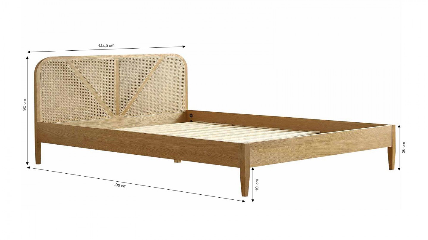 Ensemble lit 140x190 en bois et cannage Leonie + Matelas Hybride à ressorts ensachés et mémoire de forme - Spring Elite